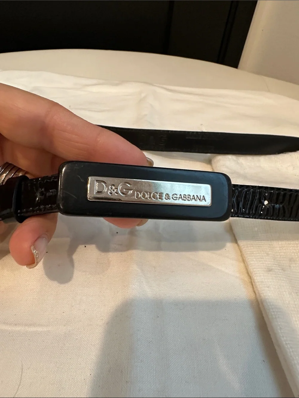 D&G Dolce & Gabbana Black Patent Leather Belt Logo Buckle Size 90